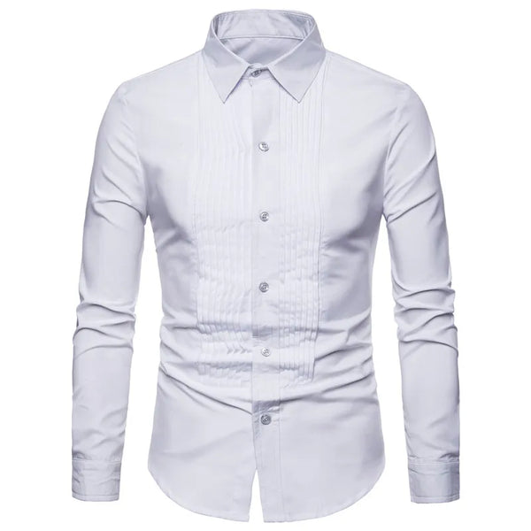 Elegant men's designer dress shirts in black and white, perfect for weddings and formal events, crafted from cotton blend.