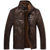 Elegant men's faux leather jacket with fleece lining, mandarin collar, and zipper closure for stylish winter warmth.