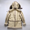 Regular fit luxury men's shearling leather bomber jacket on a hanger.