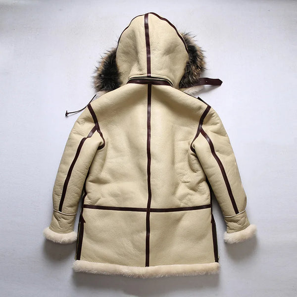 Regular fit luxury men's shearling leather bomber jacket on a hanger.