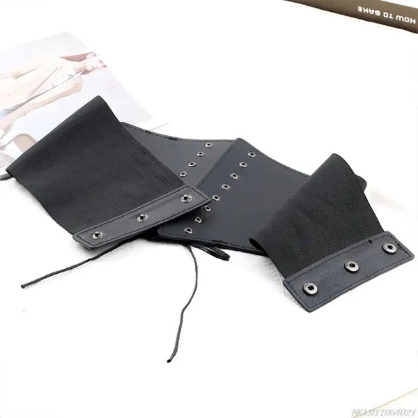 Chic wide corset belt for women in black PU leather, perfect for body sculpting and stylish clubwear or everyday outfits.