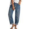 Retro cotton denim jeans featuring high waist, wide legs, and distressed vintage finish