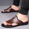 Brown flat sandals for men featuring breathable leather and comfort design
