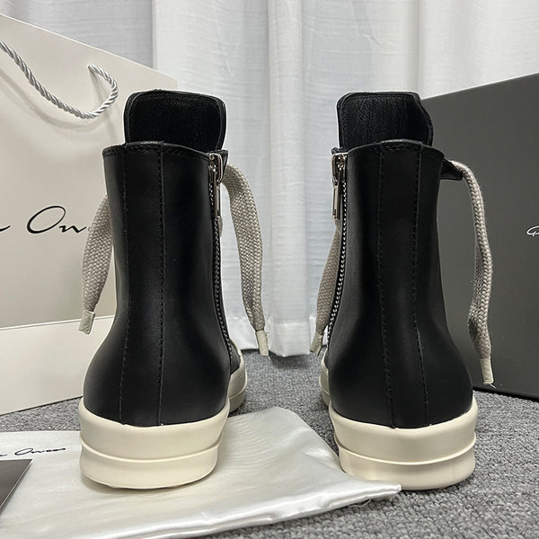 Unisex High-Top Leather Sneakers in Black - Casual Sporty Footwear, Mid-Heel Platform Shoes with Zipper Access