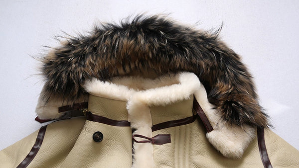 Luxury men's shearling leather bomber jacket with a casual outfit.