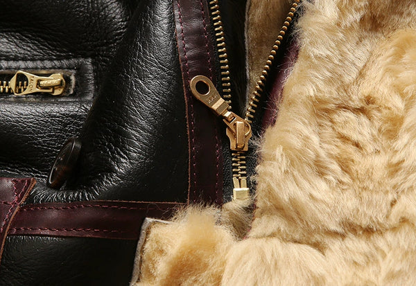 Close-up of the luxurious leather finish on the bomber jacket.