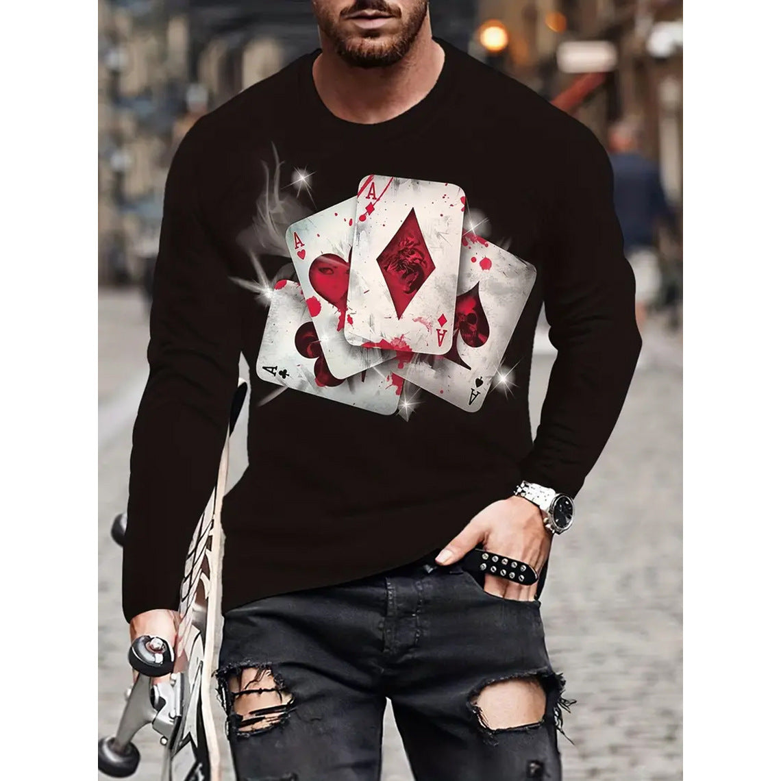 Retro Men's T-shirt 3D Printed Street Hip-hop Loose Crew Neck Casual Long Sleeve