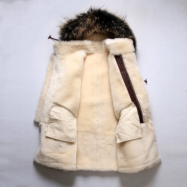 Interior view showcasing the shearling lining of the bomber jacket.