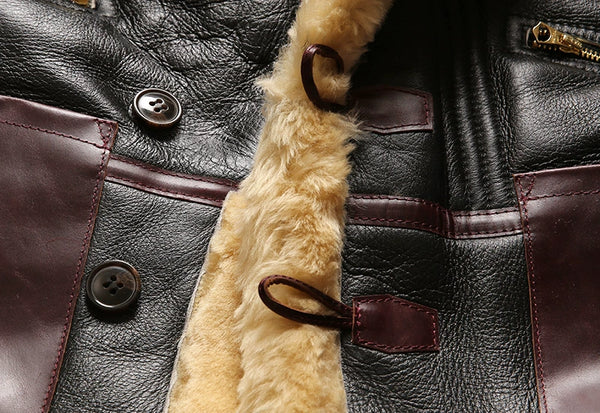 Luxury men's shearling leather bomber jacket with a modern twist.