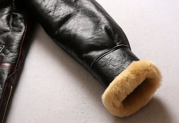 Detail of the bomber jacket's elegant turn-down collar.