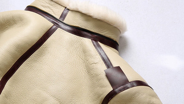 Front view of the luxury men's shearling leather bomber jacket.