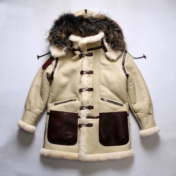 Luxury men's shearling leather bomber jacket displayed on a mannequin.