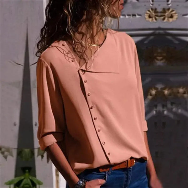 Elegant long sleeve office blouse for women in various colors, featuring a double-breasted closure and slim fit for professio