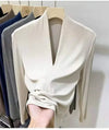 Elegant V-Neck Women's Blouse with Long Sleeves in solid color, perfect for casual and office wear, made from cotton-polyeste