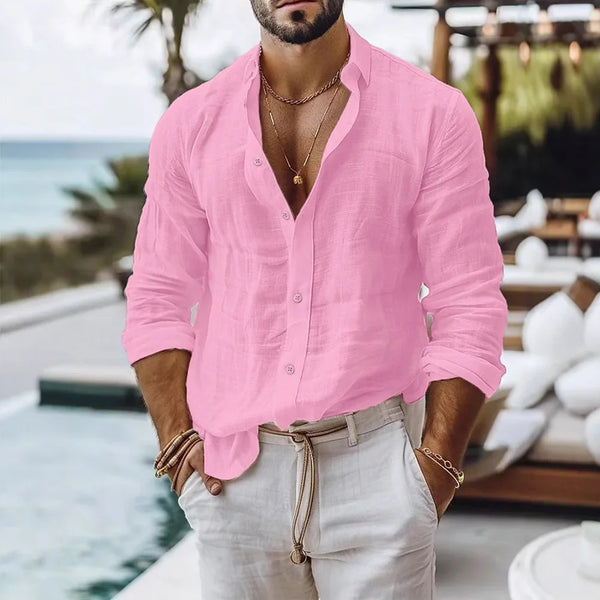 Classic solid color men's shirt made from premium cotton-linen blend with timeless collar design
