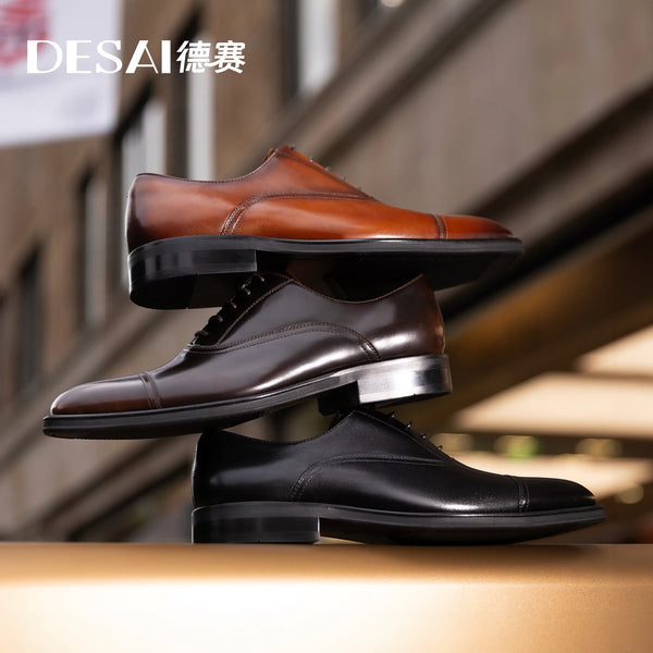 Desai Classic Leather Oxfords for Men in black, featuring a polished genuine leather upper.