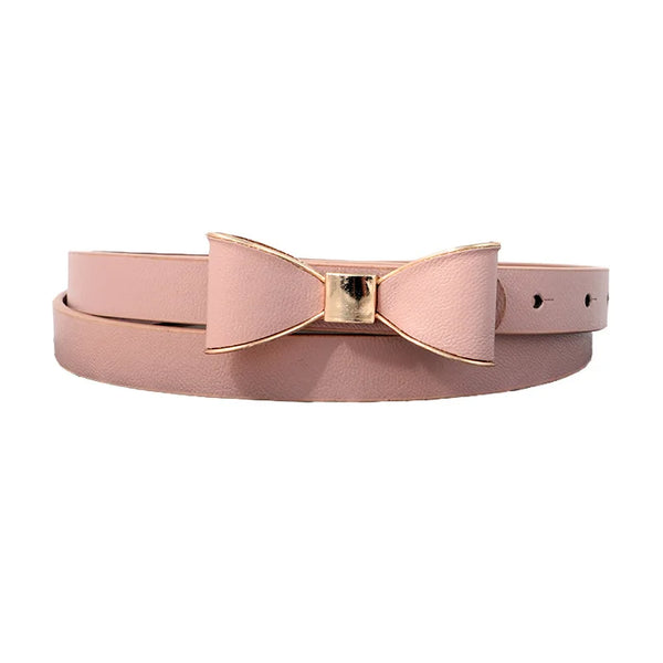 Elegant women's belt with bow detail in faux leather, perfect for casual and formal outfits, featuring a sleek metal buckle.