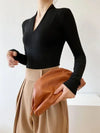 Elegant V-Neck Women's Blouse with Long Sleeves in solid color, perfect for casual and office wear, made from cotton-polyeste
