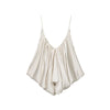 Silky pleated party top featuring flattering V-neck and open back