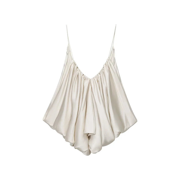 Silky pleated party top featuring flattering V-neck and open back