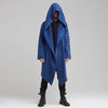 Men's hooded fleece-lined winter trench coat in black, featuring open stitch closure and mandarin collar for stylish warmth.