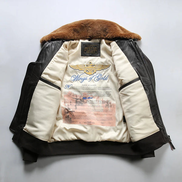 Close-up of the genuine cowhide leather texture on the Top Gun bomber jacket.