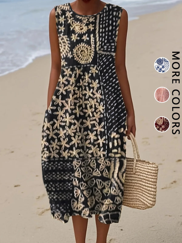 Bohemian sundress in floral print styled for outdoor summer events
