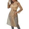 Detail of adjustable belt and button-front closure on lightweight trench coat