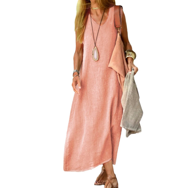 Ankle-length maxi dress in cotton linen blend perfect for warm weather