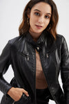 Chic women's slim leather biker jacket with zip detail, stand-up collar, and tailored fit for stylish urban looks.