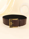 Vintage wide belt for women in faux leather with metal buckle, perfect for casual or formal wear in black, brown, or red.