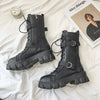 Chic mid-calf motorcycle boots for women with lace-up closure, non-slip outsole, and stylish PU leather for winter wear.