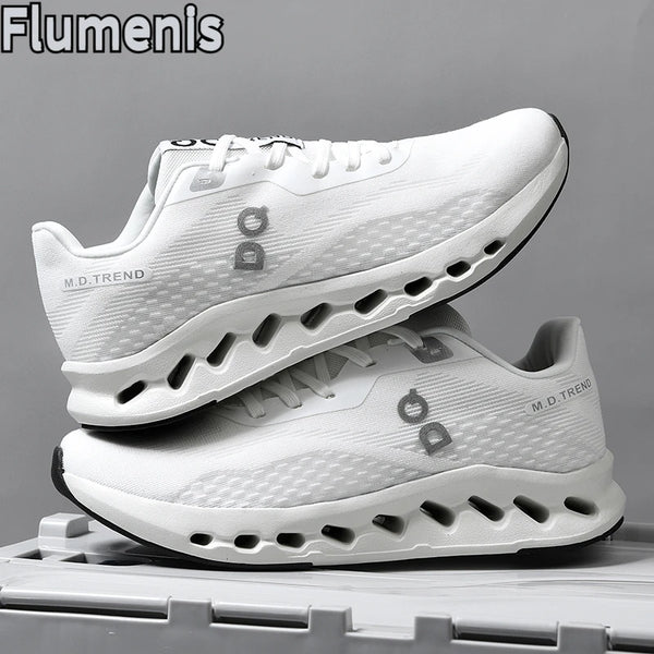Shock-absorbing off-road sports shoes for men and women on white background