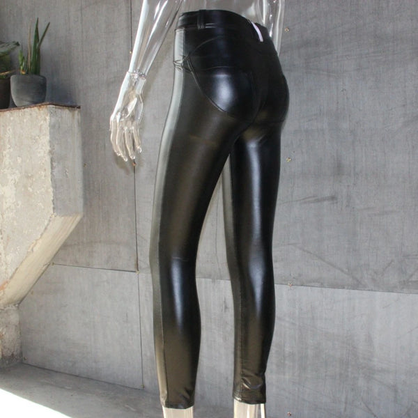Flat lay of chic high-waist faux leather leggings, showcasing premium material and versatile design.