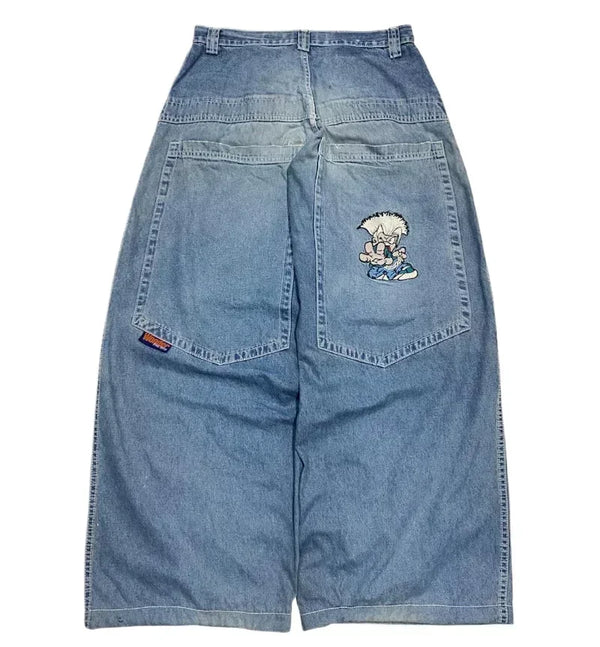 Relaxed fit jeans with striking embroidery, perfect for casual outings.