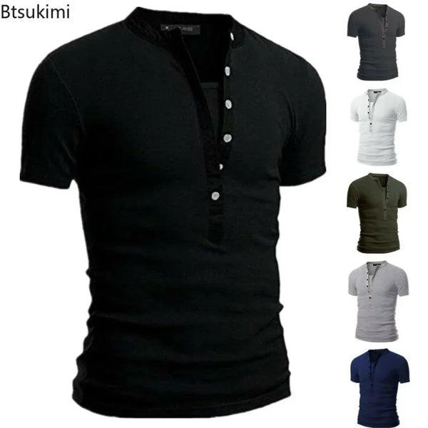 Slim Fit V-Neck Men's Casual Summer T-Shirt in breathable polyester, perfect for warm days and stylish casual occasions.