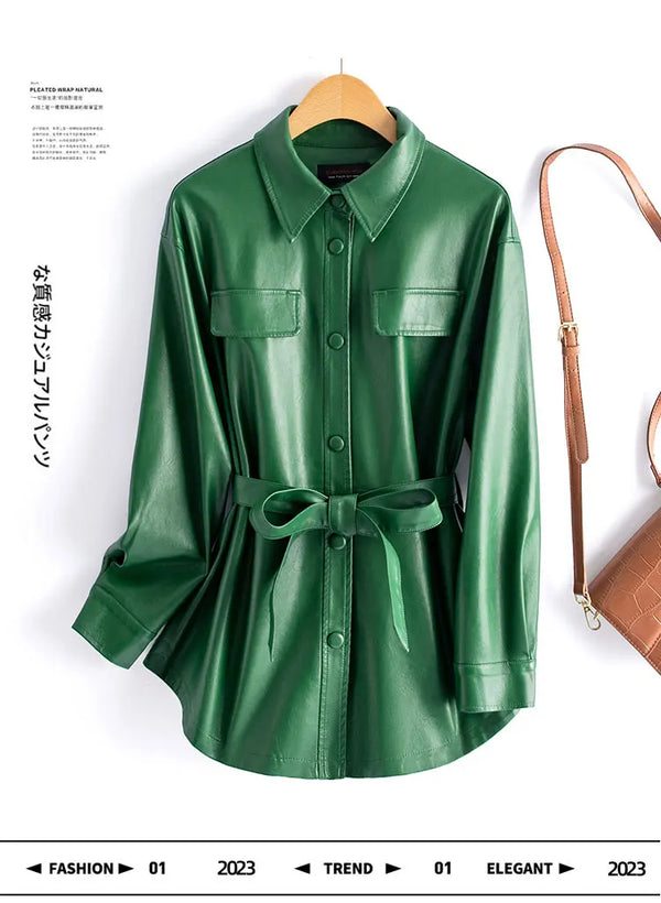 Chic sheepskin leather jacket for women with turn-down collar, lace-up belt, and adjustable waist for a stylish fit.