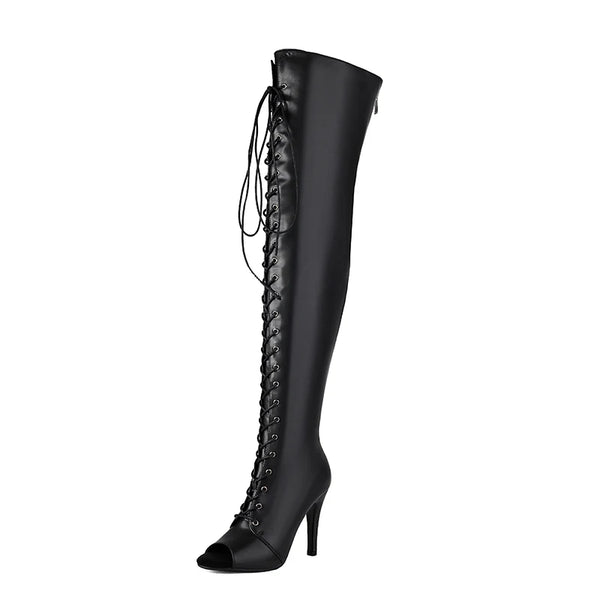 Stage Siren thigh-high dance boots featuring sleek peep toe design and thin stiletto heel