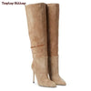 Chic suede stiletto boots perfect for cocktail parties.