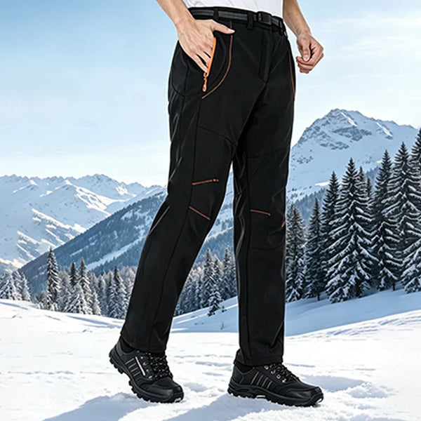 Black waterproof hiking pants with warm fleece lining for winter trails