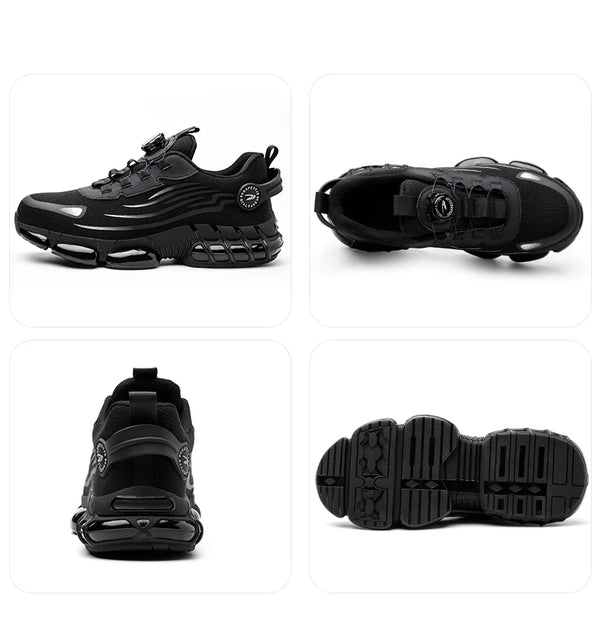 Protective boots featuring steel toe reinforcement and quick-adjust rotating button system