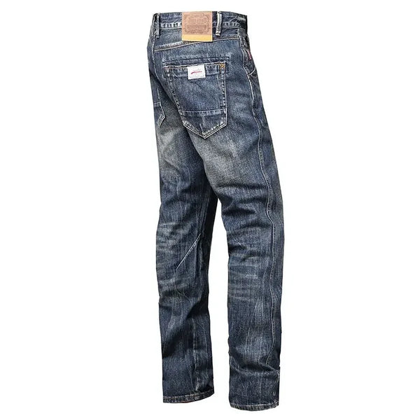 Back view of men's straight jeans featuring classic design and soft feel.