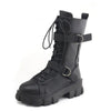 Chic mid-calf motorcycle boots for women, featuring lace-up closure, non-slip outsole, and stylish PU leather design.