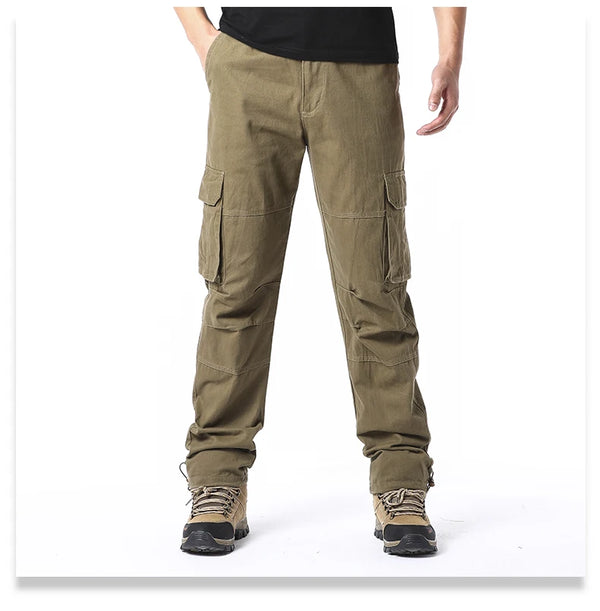 Cotton cargo pants with elastic waist and military-inspired utility pockets