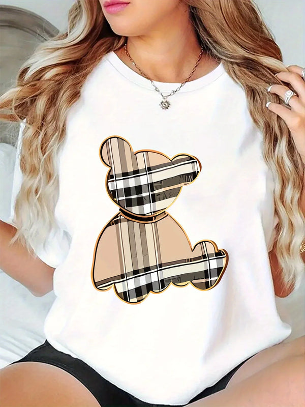 Women's casual sporty tee with bear print stripes and all-season moisture-wicking comfort