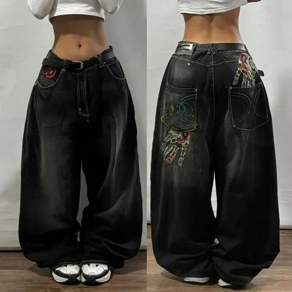 Blue wide-leg jeans with striking designs for urban fashion lovers.