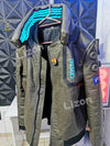 Detail of the stitching on the Cyberpunk 2077 faux leather jacket.