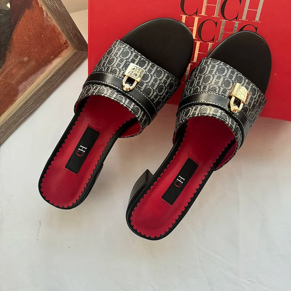 Retro print pattern sandals with flat heel under 1cm for superior foot support