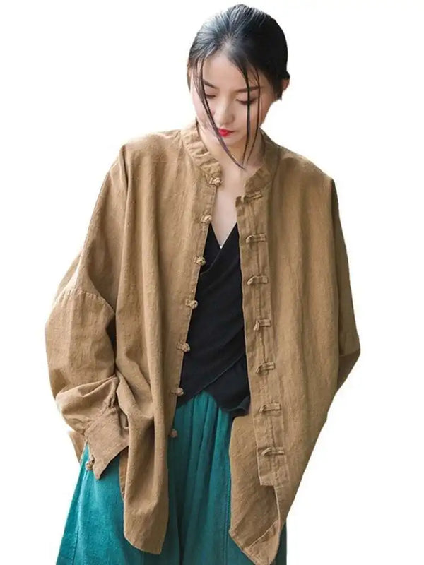 Beige cotton-linen stand collar coat showing sophisticated neckline detail