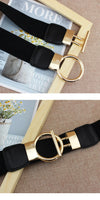 Chic elastic waist belt with round metal buckle, perfect for women's casual and formal outfits, made of PU leather.